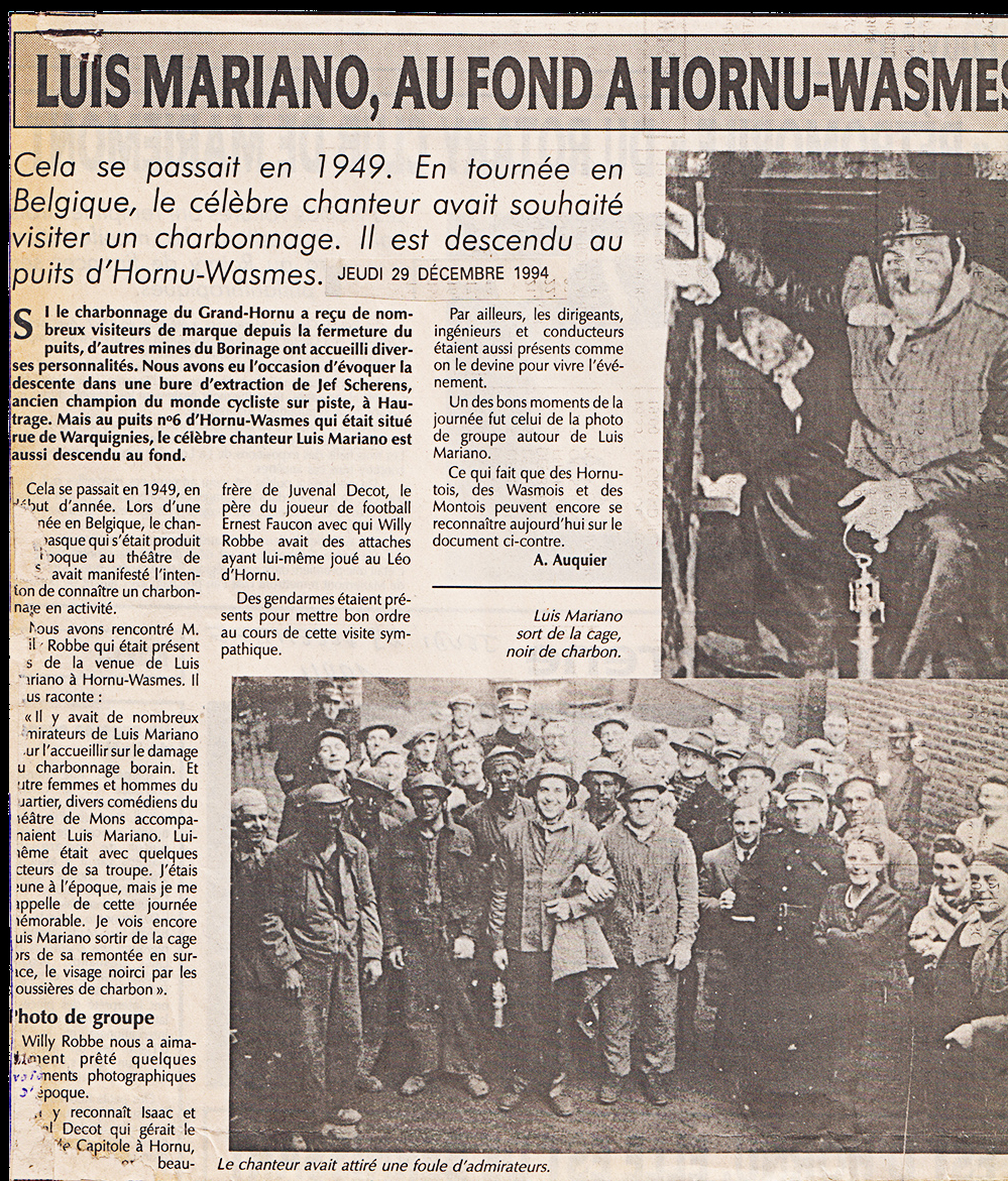 Hornu : Journal du 24 décembre 1994 relatant la visite du chanteur Luis Mariano à Hornu début 1949.