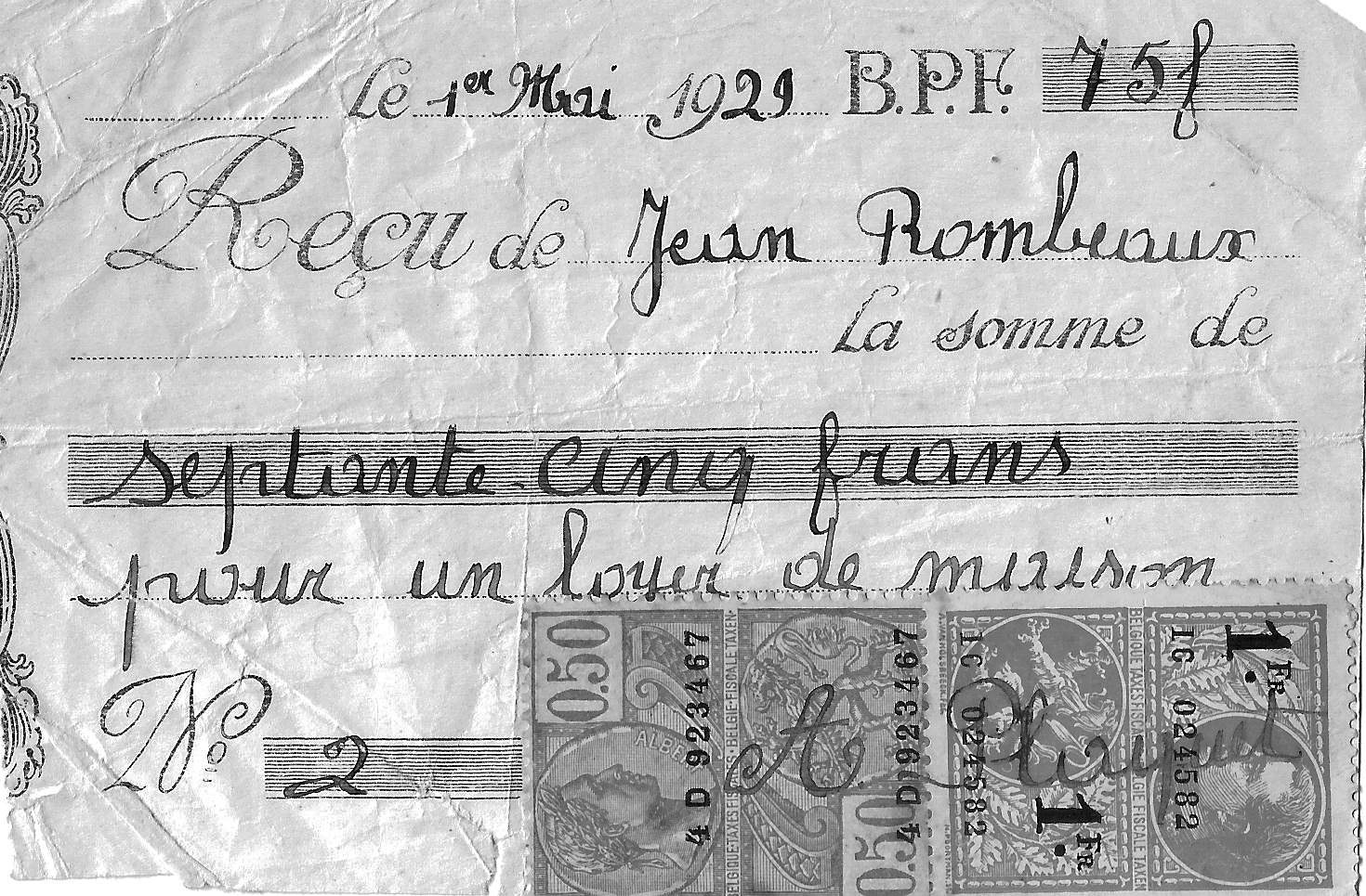 Hornu : Loyer de 75 francs belge (1/5/1929).