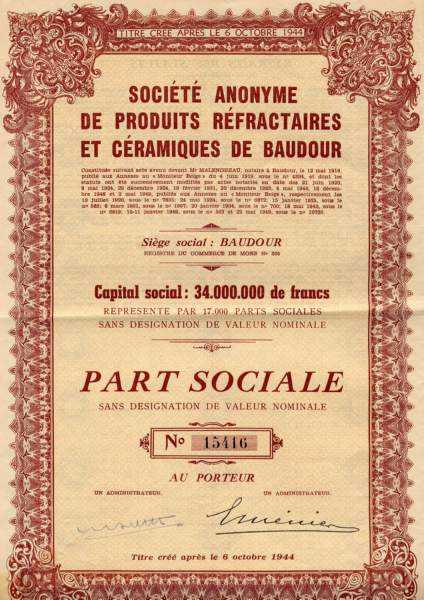 Baudour : Part sociale de la S.A. de produits réfractaires et céramiques de Baudour