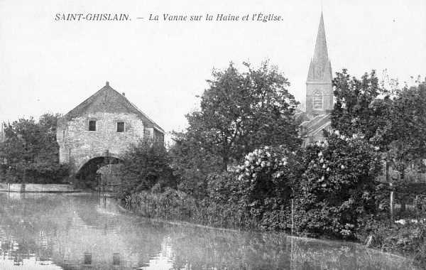 Saint-Ghislain : La vanne sur la Haine et l'église.