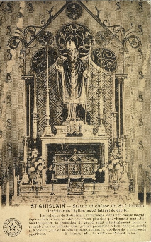 Saint-Ghislain : Statue et chasse de Saint-Ghislain.