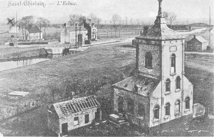 Saint-Ghislain : Panorama de l'écluse avec la maison-tour.