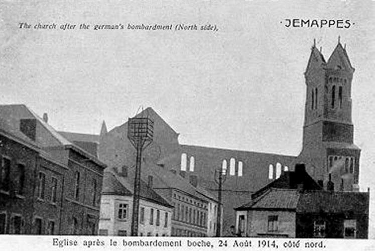 Jemappes : L'église après le bombardement d'août 1914./